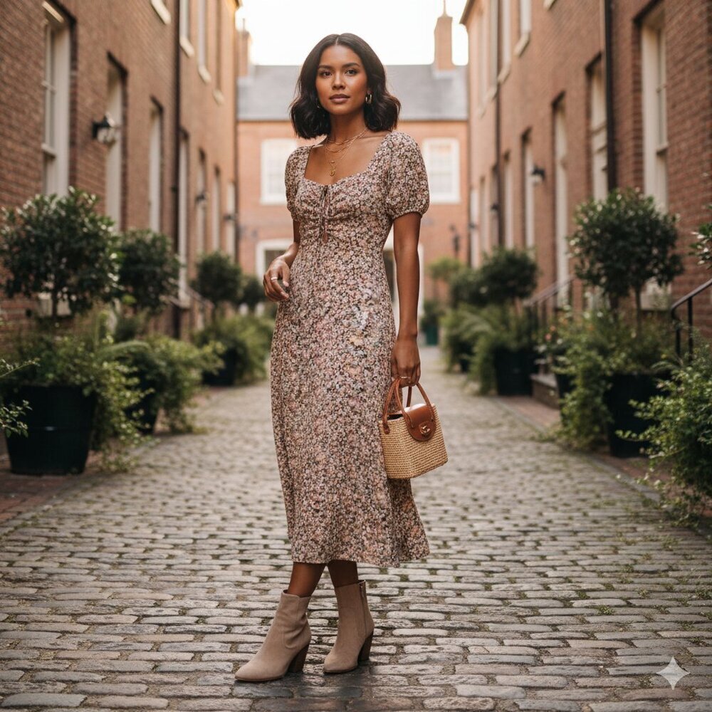 ASTR Lace Up Puff Sleeve Midi Dress in Brown Floral Size Small NWT